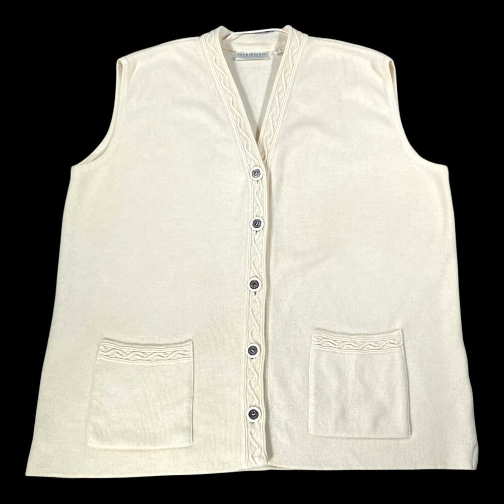 C&A Your 6th Sense Sweater Vest M Cream Wool Blend Knit VNeck Pocket Granny VTG